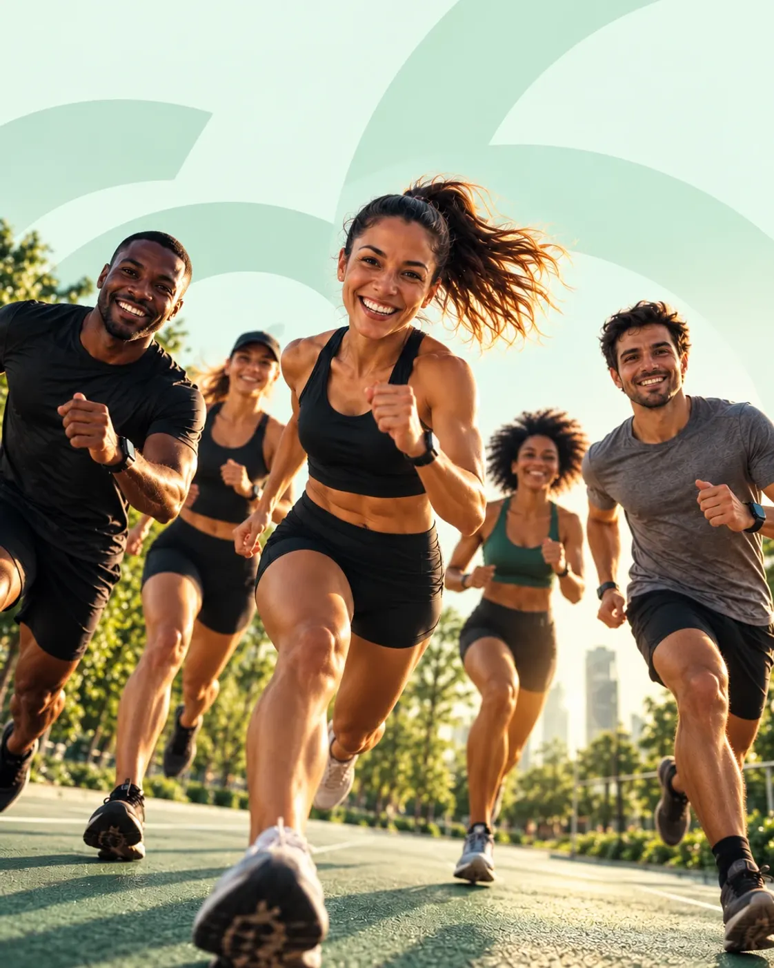 Grupo de corrida sorrindo durante o treino em uma pista de parque